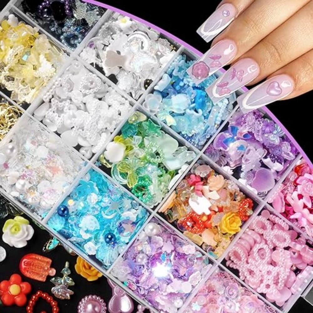 3D Assorted Pearls Gems Nail Charms Kit Multi Color Heart Flower